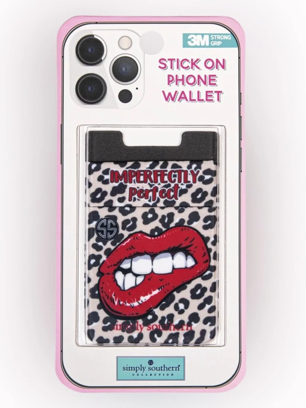 Simply Southern Pink Leopard Stick-On Phone Wallet with Red Lips Graphic